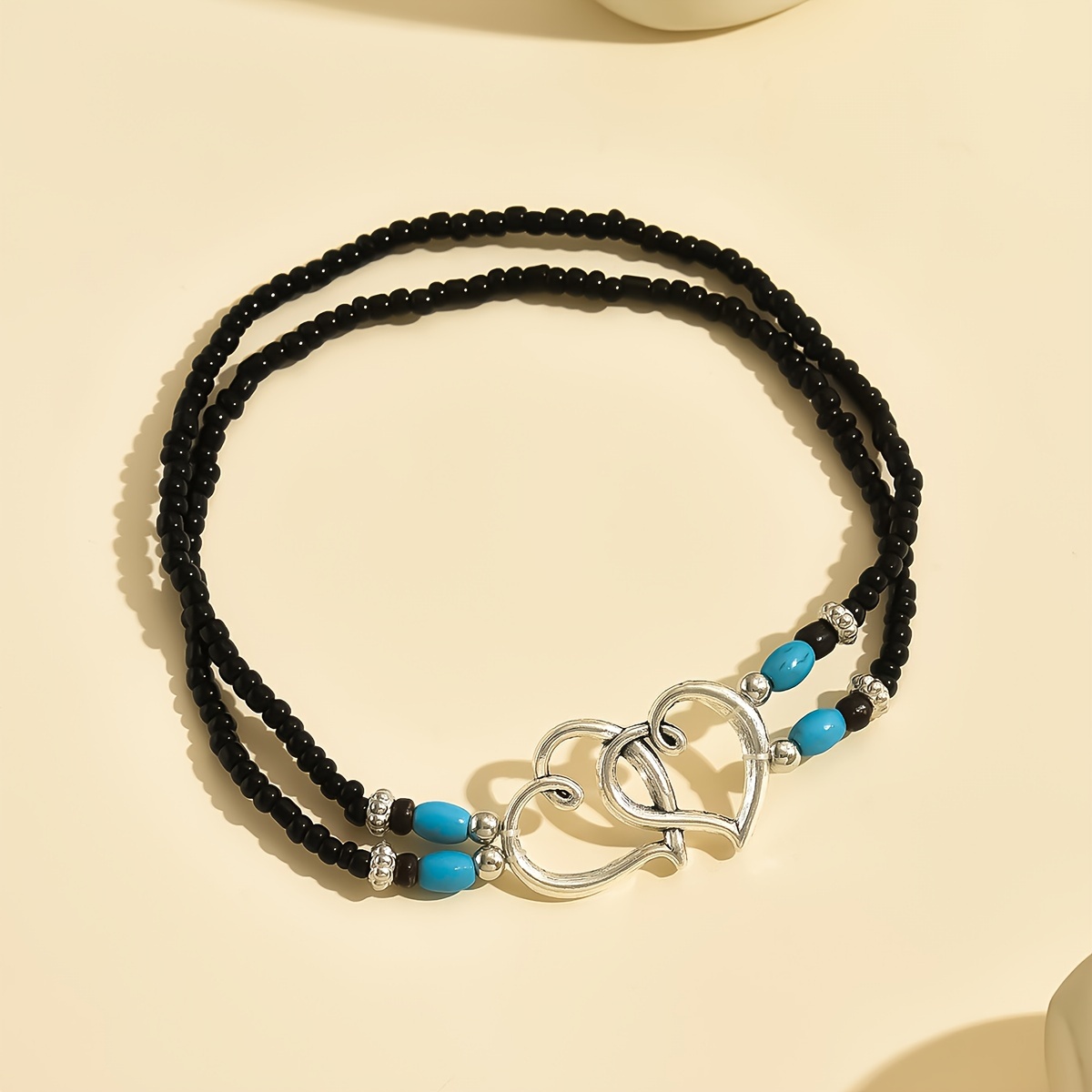 Bohemian Glass Rice Bead Double Heart Elastic Anklet